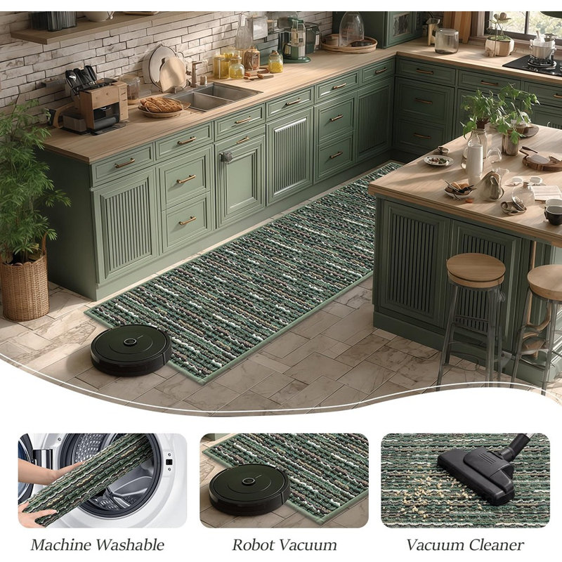 Ensemble de 2 tapis de cuisine - vert - épais / antidérapant, résistant aux taches, rétro, tapis de cuisine pour couloir, vestibule, salle de lavage, lavable