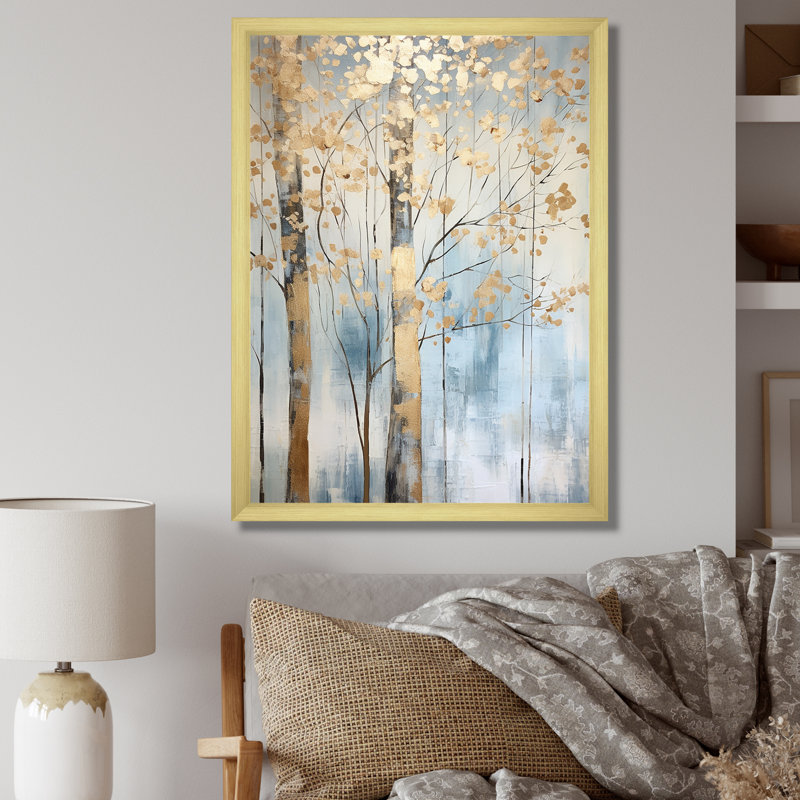 Or et bleu, arbres au trésor, paysage II - art mural arbres, H 40 po x l 30 po x P 1,5 po, Cadre doré simple