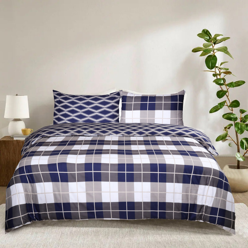 Dual Pattern Reversible Duvet Cover Set – Ultra Soft Brushed Microfiber Bedding with Matching Pillowcases, Navy Checkered