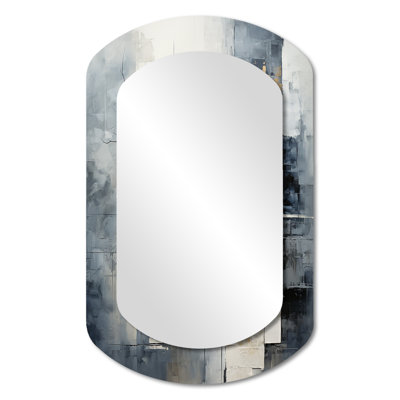 Gris et blanc, paysage urbain abstrait 3 - miroir décoratif cylindrique à collages abstraits, grand miroir mural asymétrique moderne, impression d'art en métal