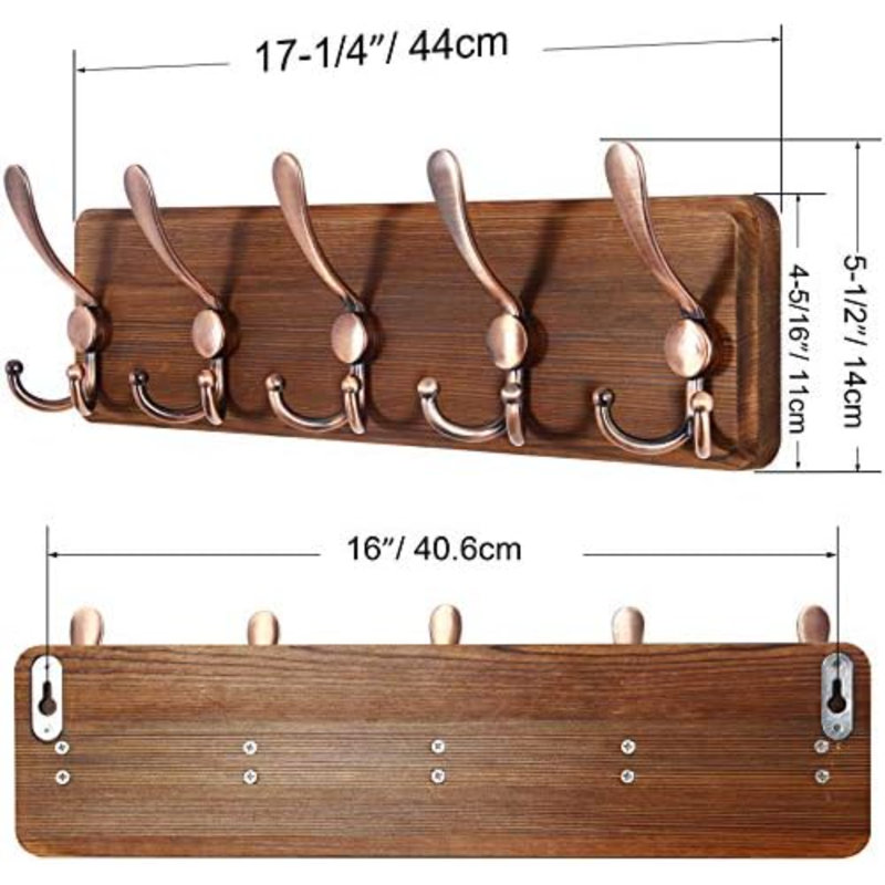 Rustic Pine Wood Wall Coat Rack with 5 Triple Hooks, 16" Stud Spacing, Farmhouse Wall Mounted Coat Rack for Hanging Backpack, Jacket, Hat