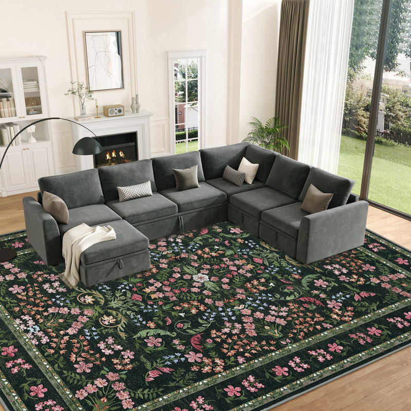 Washable Area Rug, Boho Floral Soft Rugs for Living Room, Non Slip Low Pile Carpet for Bedroom, Dining Room, Nursery, Hallway, Green