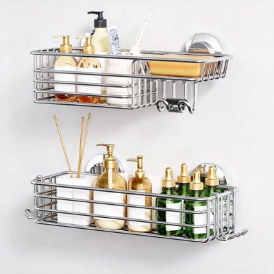 Shower Caddy Suction Cup,Heavy Duty Organizer With Hooks And Soap Holder,2 Pack (Silver)