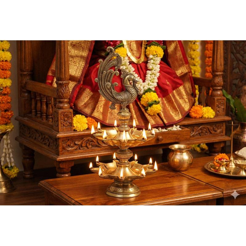 14" Brass Peacock Oil Lamp with Double-Layer Wicks | Handmade South Indian Annam Vilakku for Puja Room, Temple & Meditation Decor