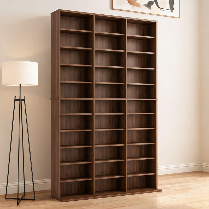 Tour multimédia haute de 11 niveaux, armoire de rangement à 33 compartiments avec étagères ajustables, noyer, Noyer rouge