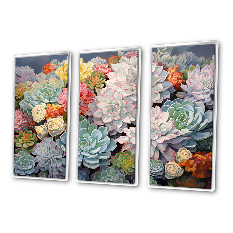 Blue Succulent Dessert Charm - Ensemble de décorations murales succulentes, Cadre flottant blanc, H 32 po x l 48 po x P 1 po