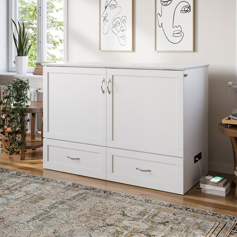 Commode et lit escamotable avec matelas 6 po, rangement et chargeur intégré Atiyah, Blanc, Double