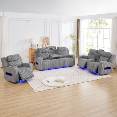 3 Piece Fabric Power Reclining Living Room Set With Charging And Speaker