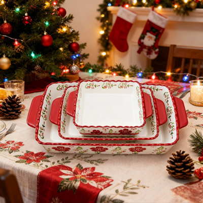 Rectangular Ceramic Baking Dishes, 3 Pack (Red)