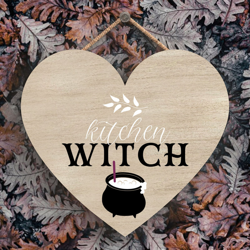 Kitchen Witch Wooden Heart Plaque, 16cm H x 17cm W x 0.9cm D, Brown