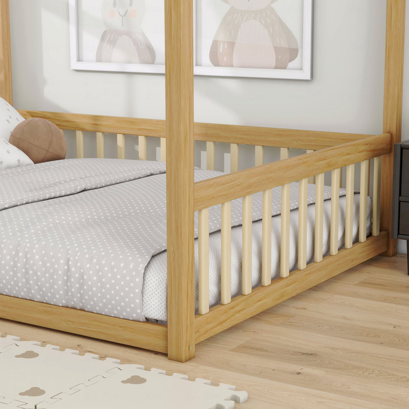 Lit en bois d'hévéa pour lit double avec clôture et garde-corps, Brun