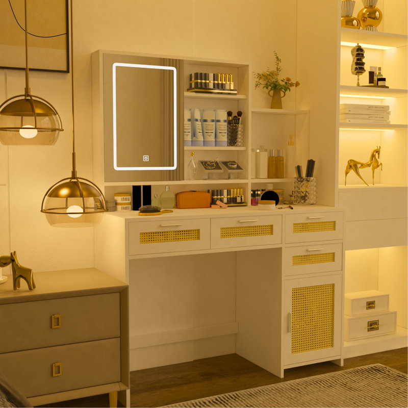 Makeup Vanity With Lights In 3S Openable Mirror,Vanity Desk With 4 Drawers 1 Cabinets Shelves,Vanity Table Rattan Vanity Dresser,For Bedroom