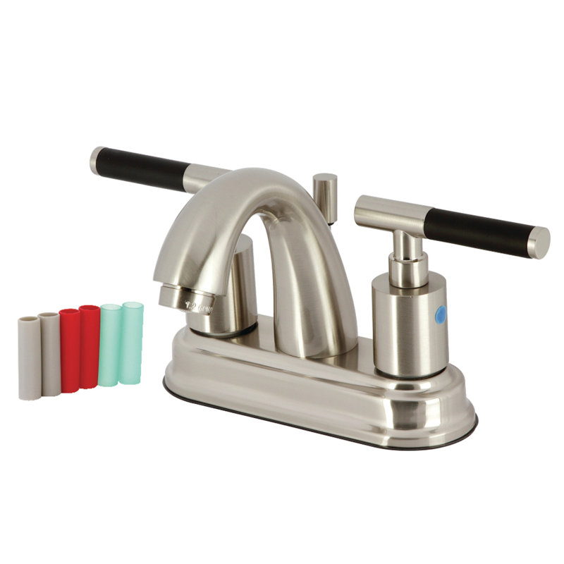 Kingston Brass Kaiser Two-Handle 3-Hole Deck Mount 4" Centerset Bathroom Faucet with Plastic Pop-Up, Brushed Nickel