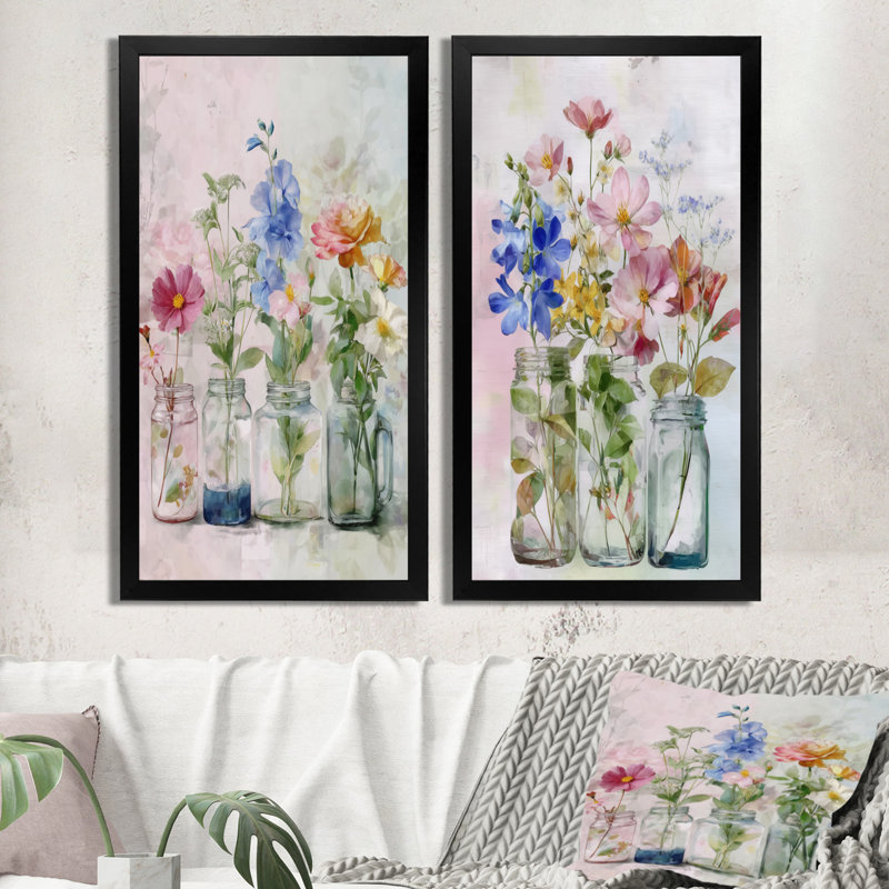 Bouquets de fleurs sauvages assortis maison de campagne - ensemble de 2 grands bouquets d'art mural, H 40 po x l 40 po