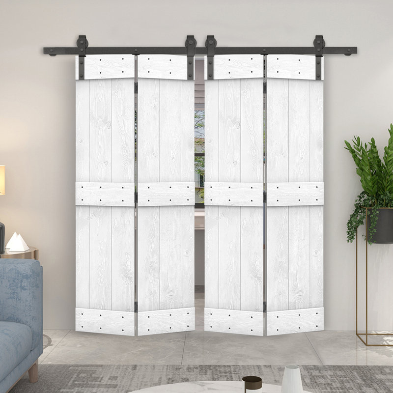 Portes de grange à deux volets en bois bricolage avec quincaillerie coulissante DIY, 40 po x 84 po, Blanc