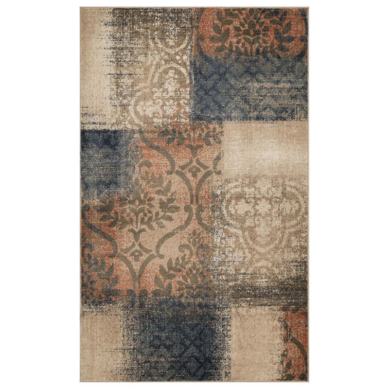 Tapis tissé à la machine en bleu / brun / gris Faizal, Rectangle de 5 pi x 8 pi