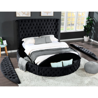 Queen Size Bed With Velvet Upholstery, Side And Storage, Features, No Box Spring, Contemporary Style Black Upholstered Slat Button Tufting, Storage In Rails,