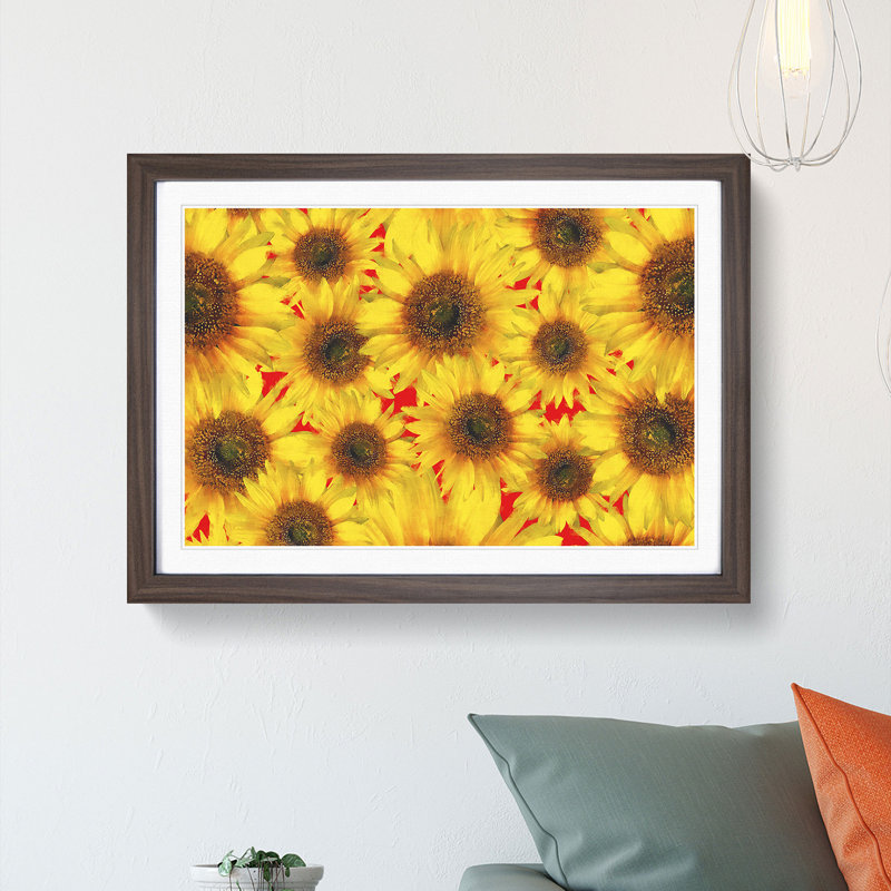 Wall of Yellow Sunflowers - Picture Frame Graphic Art Print, 62cm H x 87cm W x 2cm D, Walnut Framed