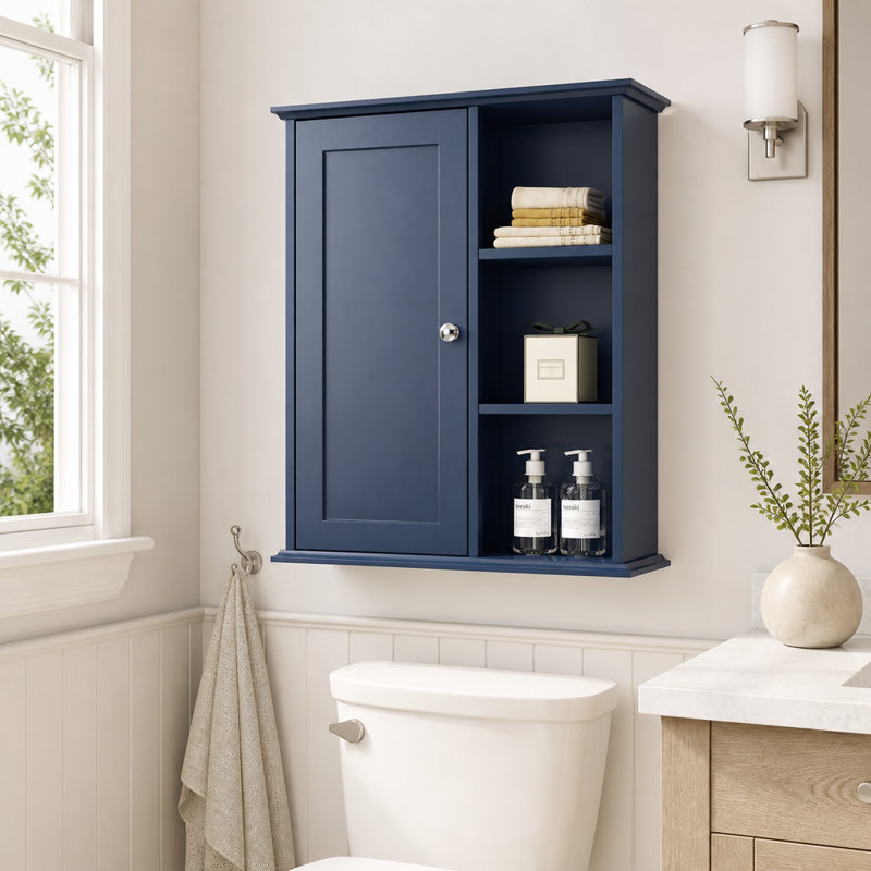 Armoire murale de salle de bain en MDF bleu avec rangement au-dessus des toilettes et charnières à fermeture en douceur