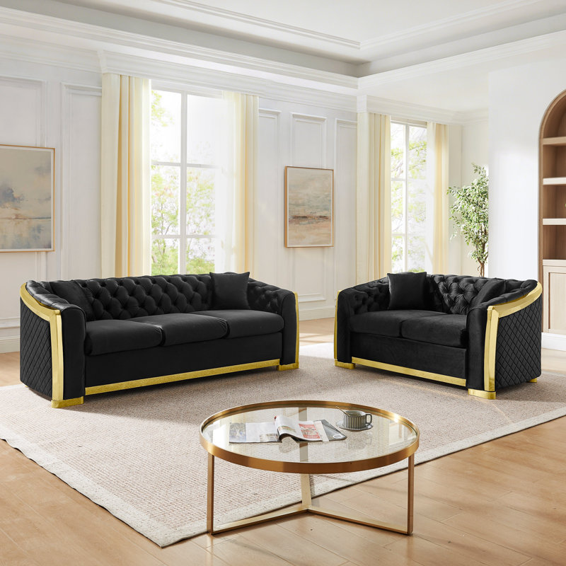 Ensemble de salon en velours 2 pièces avec pieds dorés Edmond, Black