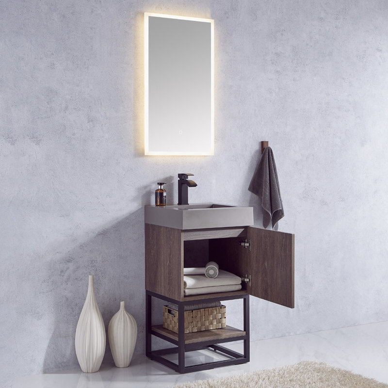 Alistair 17.7" Single Bathroom Vanity Set with Mirror, Noir mat, Chêne naturel, Blanc
