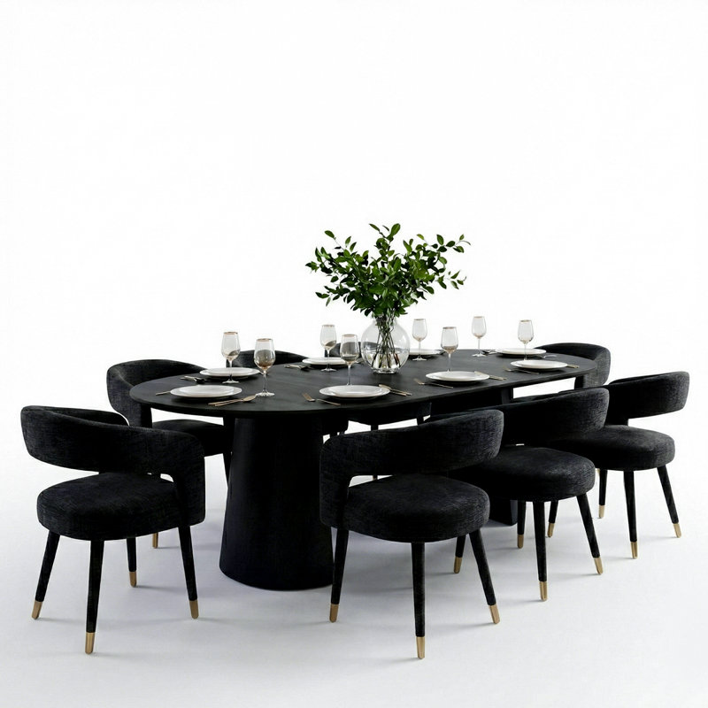 46"-83" Modern Extendable Dining Table Set With Upholstered Chairs, Round To Oval Pedestal Dining Set For 4–8 People, Black