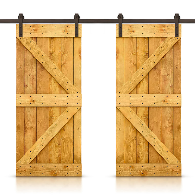Panelled Wood Stained K Series Double DIY Barn Door With Sliding Hardware Kit, Colonial Maple, 64" x 84"