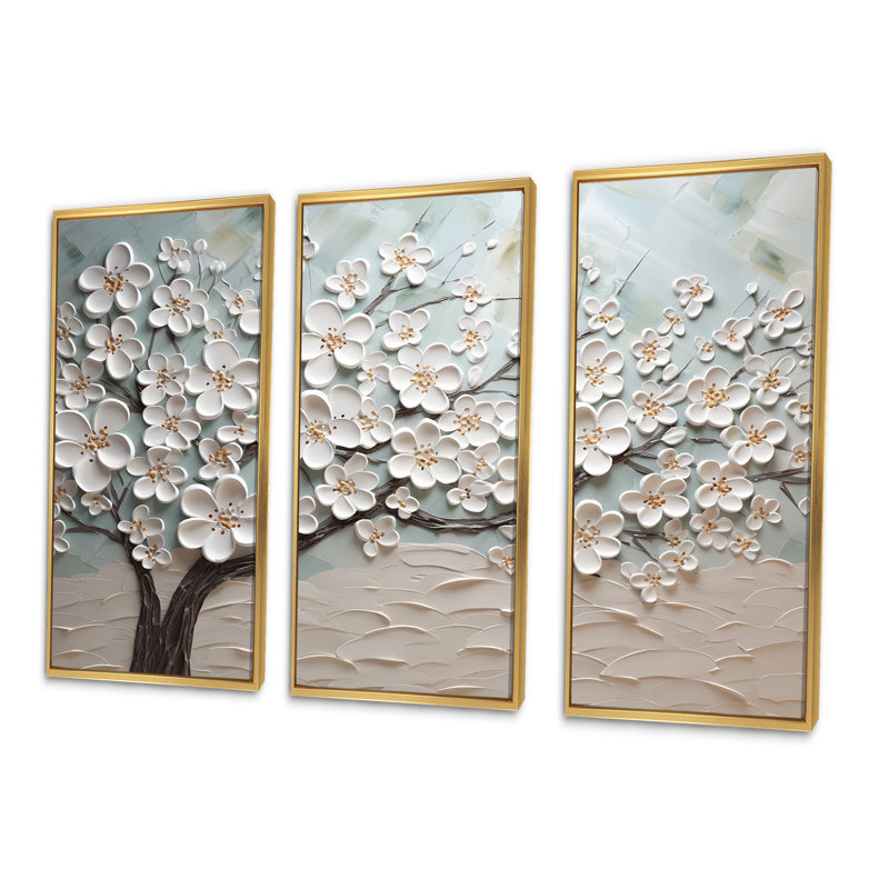Cornouiller Serenity Magical Tree IV - ensemble d'art mural champ de fleurs, Cadre flottant doré, H 28 po x l 36 po x P 1 po