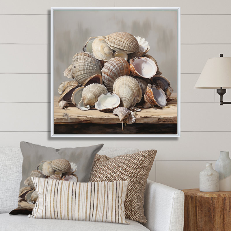 Grey Clam Coastal Harmony I - Animals Wall Art Living Room, H 30 po x l 30 po x P 1 po, Cadre flottant blanc