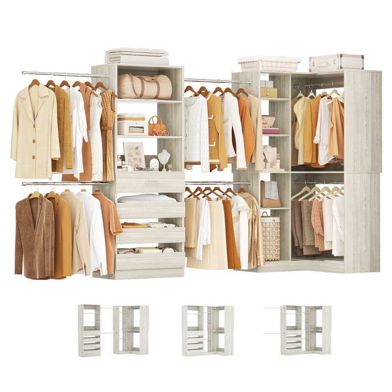 110-151.7Inches Closet System With 6 Rods And 4 Drawers, Beige