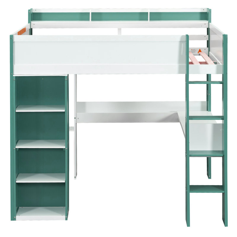 Full Loft Bed With Built-In Desk&Bookshelf, Green