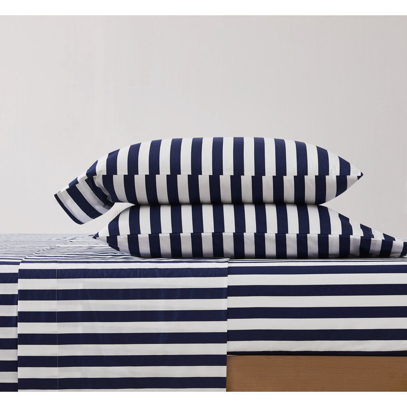 Ensemble de draps Brooklyn Loom Levi, Blanc / Bleu marine, Très grand simple