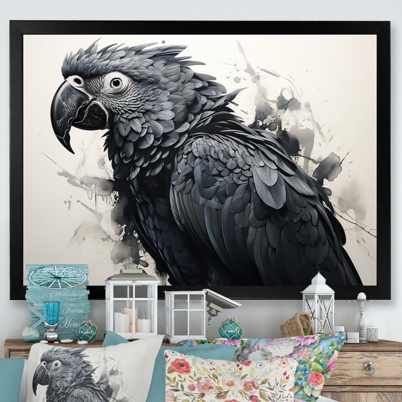 " Gray Parrot Feathered Elegance ", 12" H x 20" W x 1" D, Black Picture Frame