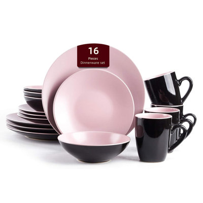 Two-Tone Colors Life 16-Piece Stoneware Dinnerware Set, Outside Shiny Black & Inside Matte Glaze, Service for 4