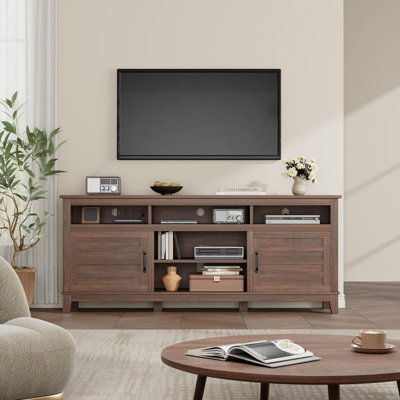 70.9" Farmhouse TV Stand with Adjustable Shelves & Cabinet Storage, Fits 75" TV, Brown