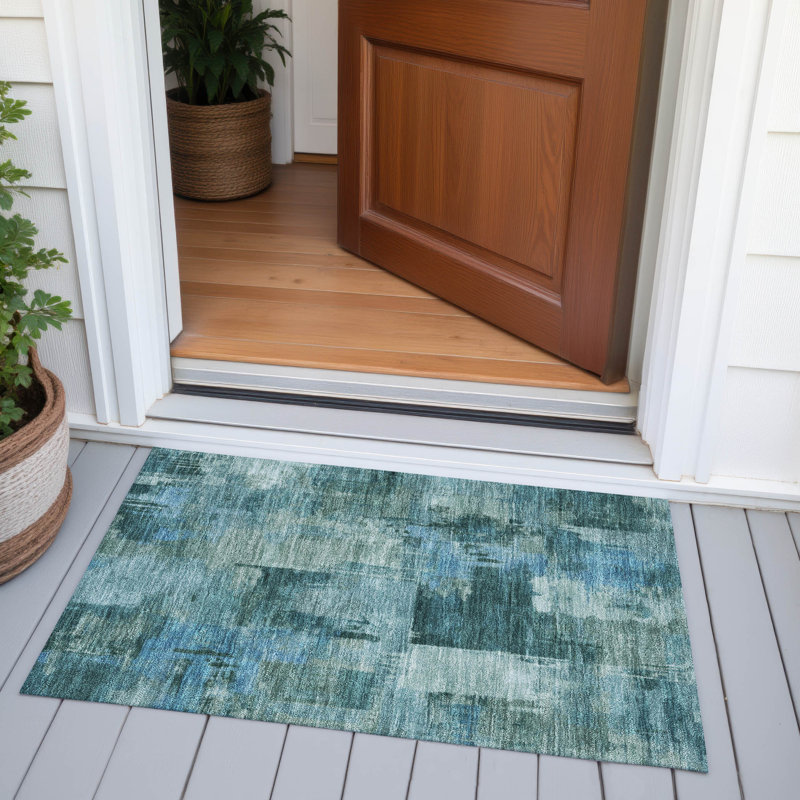 Tapis bleu sarcelle lavable à la machine intérieur / extérieur Xhevrie, Rectangle 1 pi 8 po x 2 pi 6 po