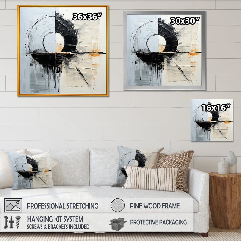 «Geometric Grey and White Moon Eclipse», reproduction sur toile, H 36 po x l 36 po x P 1,5 po, Cadre flottant doré