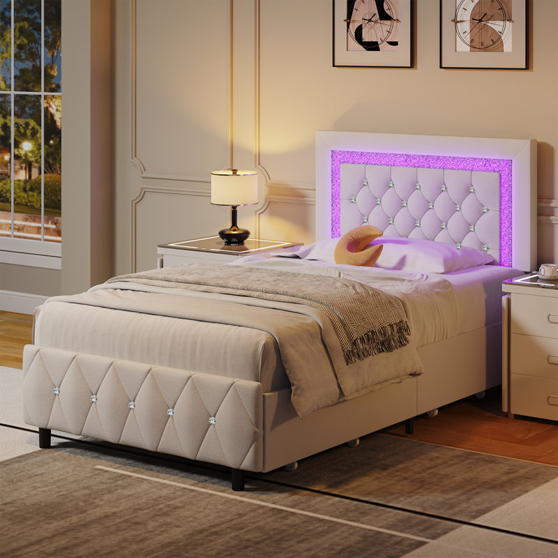 Cadre de lit plateforme tapissier avec lumières DEL et tiroirs de rangement Alber, Lit simple, Blanc