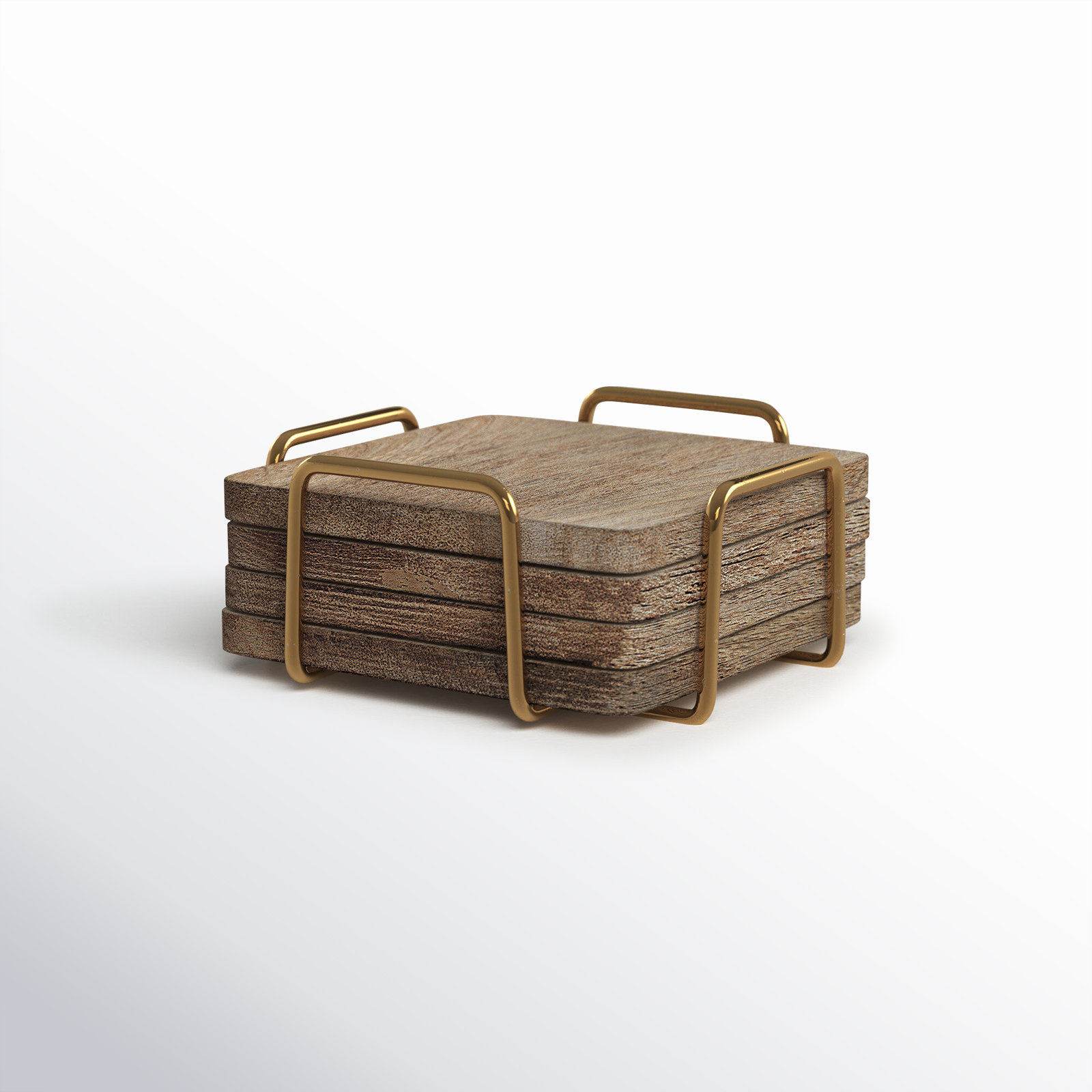 Wallis Godinger Wooden Coaster Set with Holder, Burned/Gold
