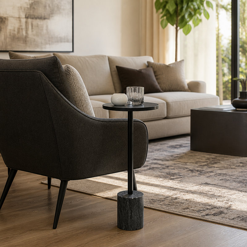 Table de bout en marbre Jackins - table d'appoint élégante pour le salon, la chambre à coucher ou le bureau - noire, 24 po