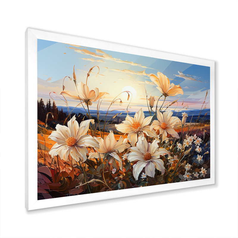 Beautily Lilies Field On Mountains I sur impression sur toile, H 24 po x l 32 po x P 1 po, Cadre simple blanc