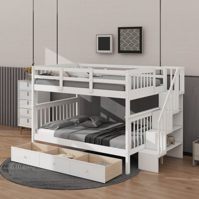 Stairway Full-Over-Full Bunk Bed With Drawer, Storage And Guard Rail For Bedroom