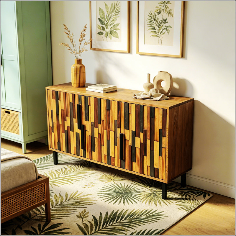 Buffet d'appoint moderne avec motif en bois droit, parfait pour un rangement élégant et un décor dans n'importe quel espace de vie
