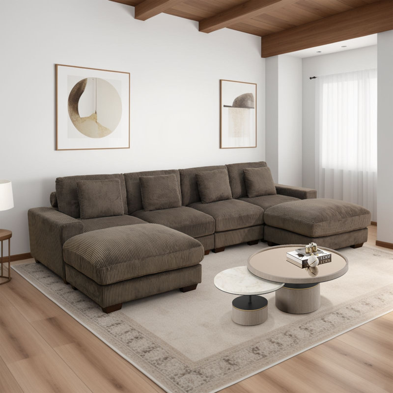 Sydnea 6-Piece 123" Wide Premium Corduroy Reversible Living Room Modular Sectional Sofa with Ottoman, Brown Corduroy