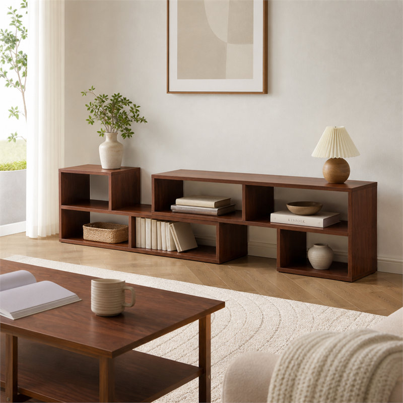 Meuble télé modulaire de couleur noyer foncé, avec rangement ouvert réglable, convenant aux salons, aux chambres et aux appartements.
