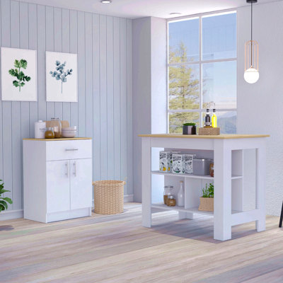 2 Piece Kitchen Set, Kitchen Island + Pantry Cabinet , White
