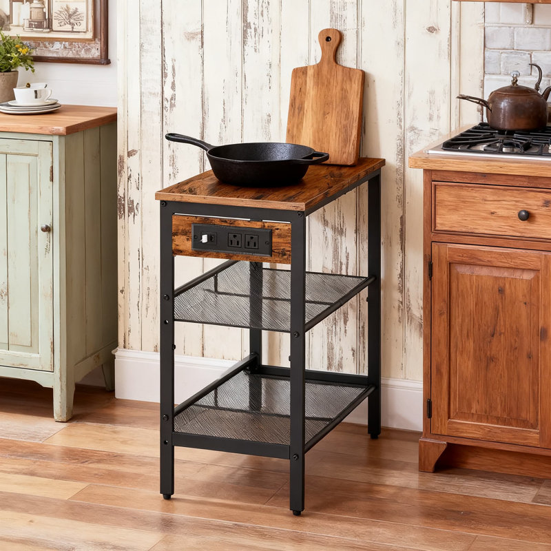 Table de bout étroite à 3 niveaux avec station de charge, tablettes réglables pour petits espaces, salon, chambre à coucher, design industriel rustique