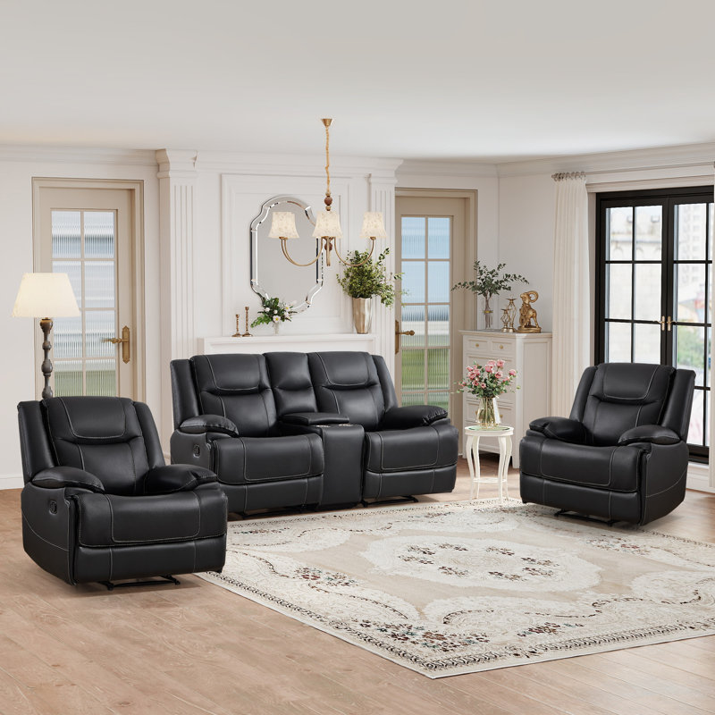 Ensemble de salon inclinable en cuir véritable 3 pièces 3 pièces - 2 chaises et 1 causeuse, Noir