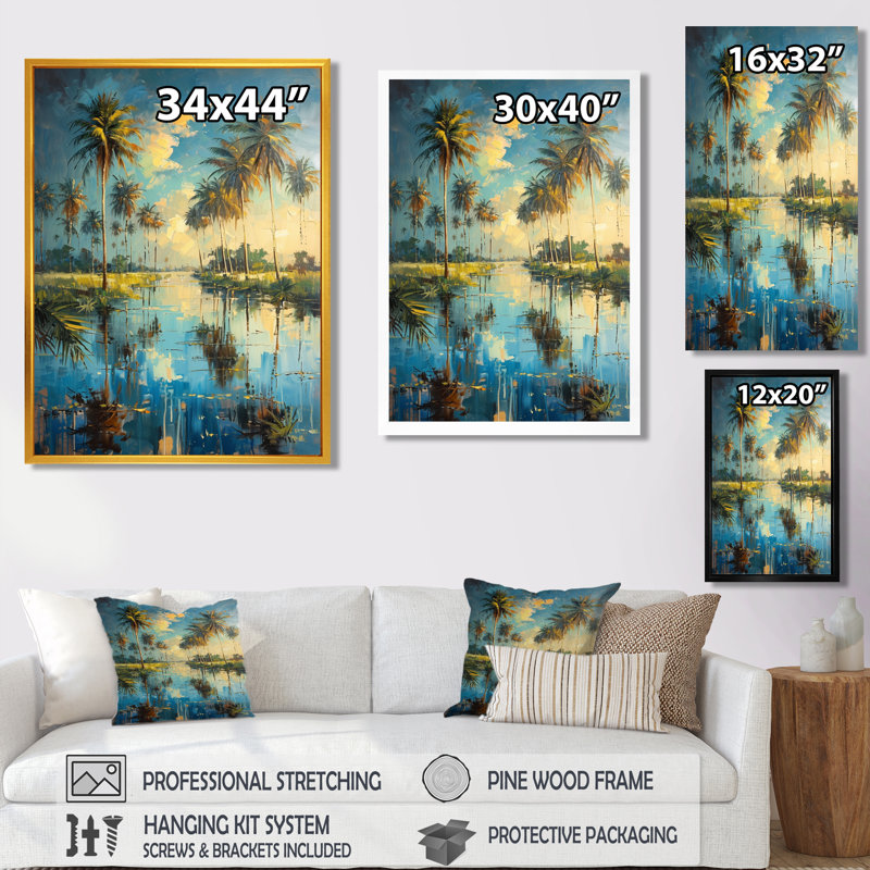 Green Palm Trees Serenity II - palmiers et palmiers, art mural, Cadre simple noir, H 16 po x l 32 po