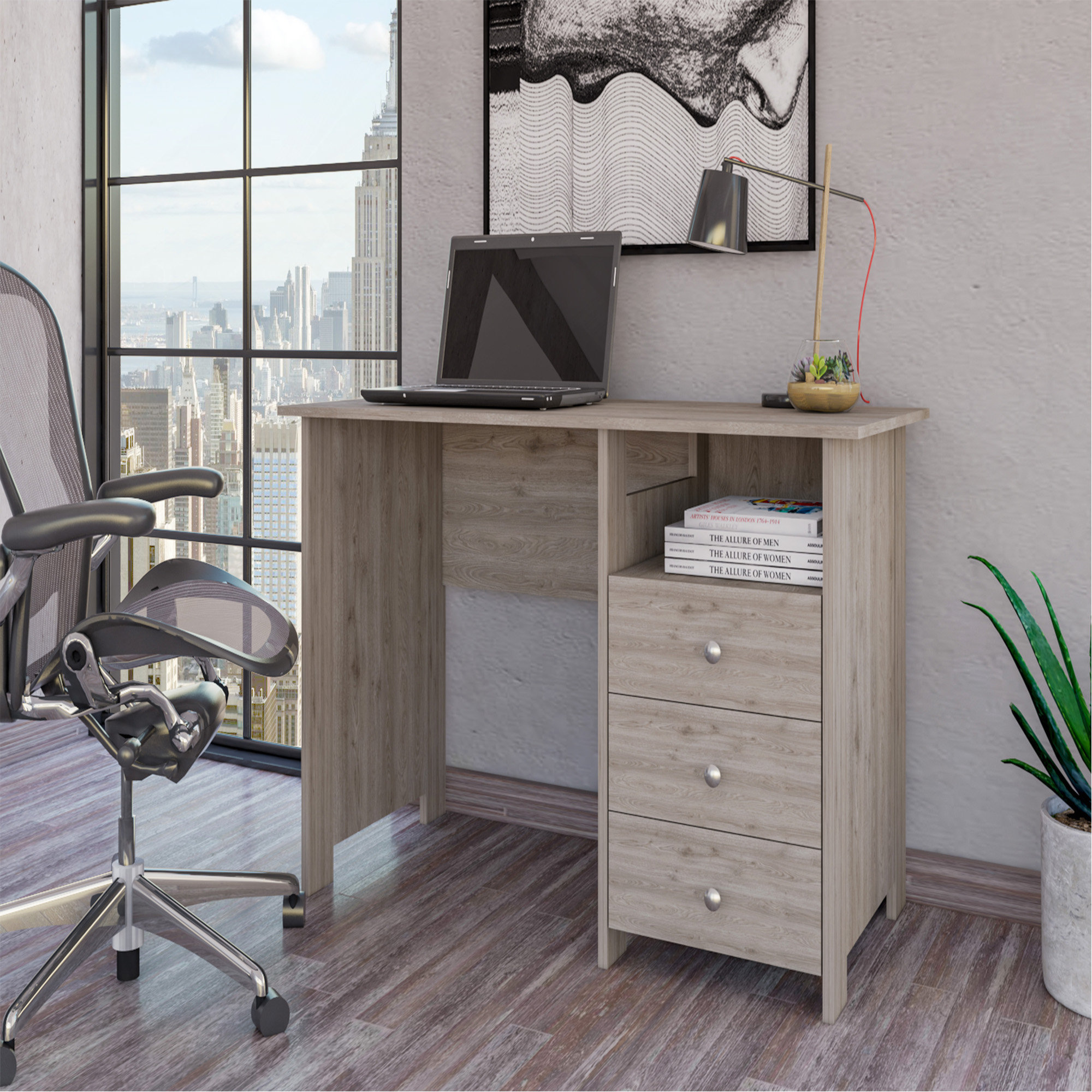 Grey Computer Desk Open Box Latitude Run® Computer Desk With Open Storage Shelf And 3-Drawers ...